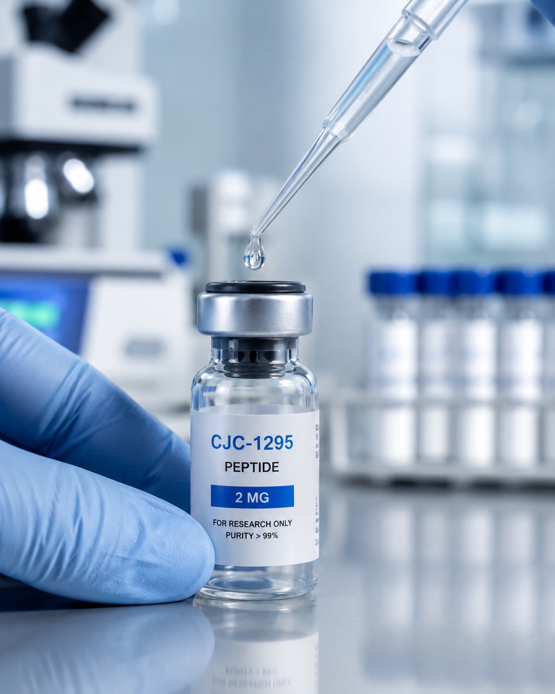 A gloved laboratory analyst preparing a research peptide vial for purity testing.